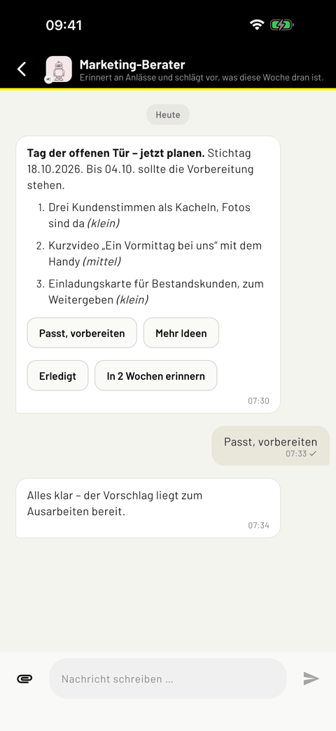 Fleißbots auf dem iPhone: der Chat mit dem Marketing-Berater – ein Vorschlag mit Antwortknöpfen