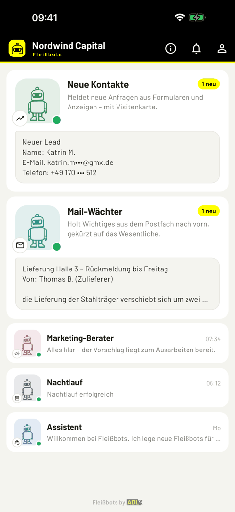 Fleißbots auf dem iPhone: die Bot-Übersicht mit fünf Fleißbots, zwei davon mit neuer Meldung