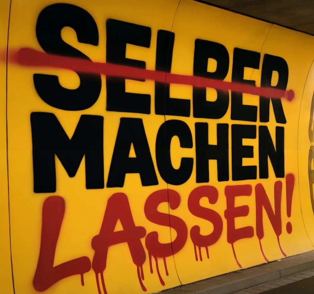 Die Wand aus der Nähe: „Selber machen“ in Schwarz, „Selber“ rot durchgestrichen, darunter „lassen!“ in roter Sprühschrift.