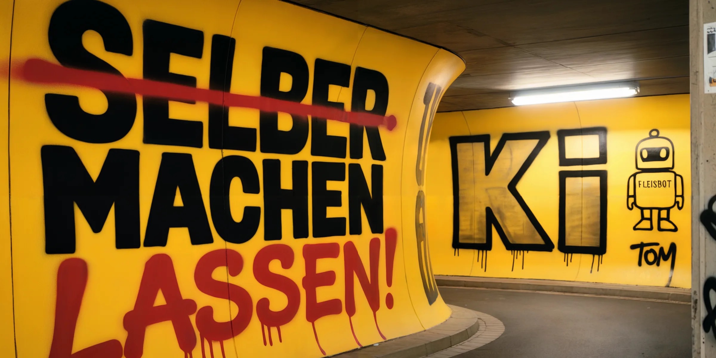 Graffiti in einer Unterführung: „Selber machen“ in Schwarz, „Selber“ rot durchgestrichen, darunter „lassen!“ in roter Sprühschrift.